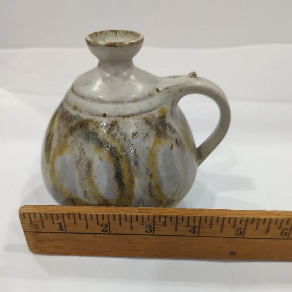 Mid century studio pottery ceramic yellow and grey Pitcher/Vase‎ Signed